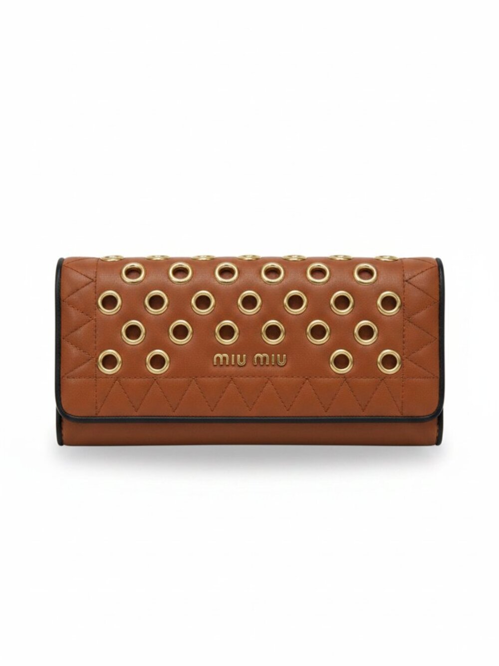MIU MIU Grommet Continental Long Wallet Cognac Brown Gold Eyelet Leather Flap